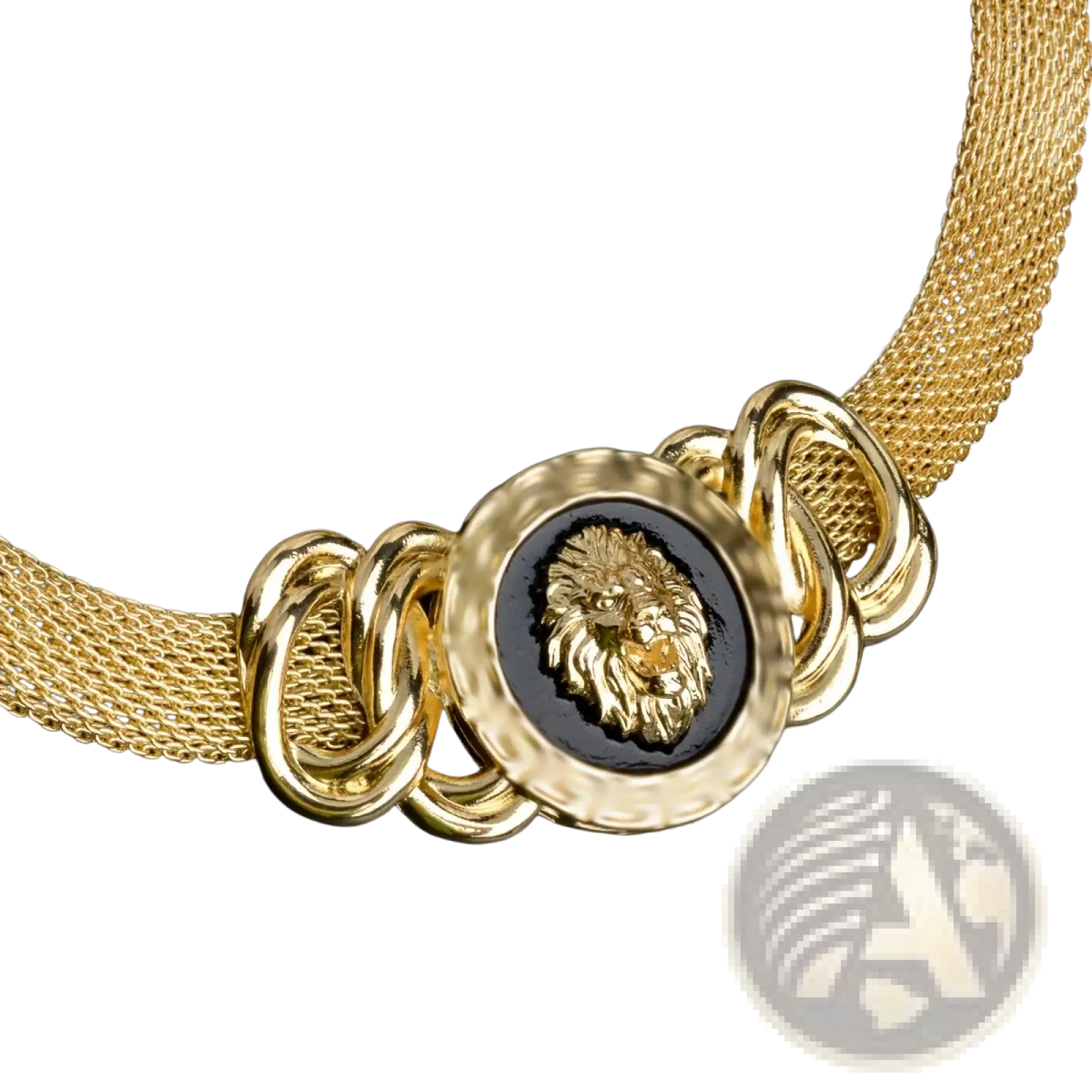 Dubai 18k gold lion jewelry set gold mesh choker necklace with central black medallion embossed with golden lion head