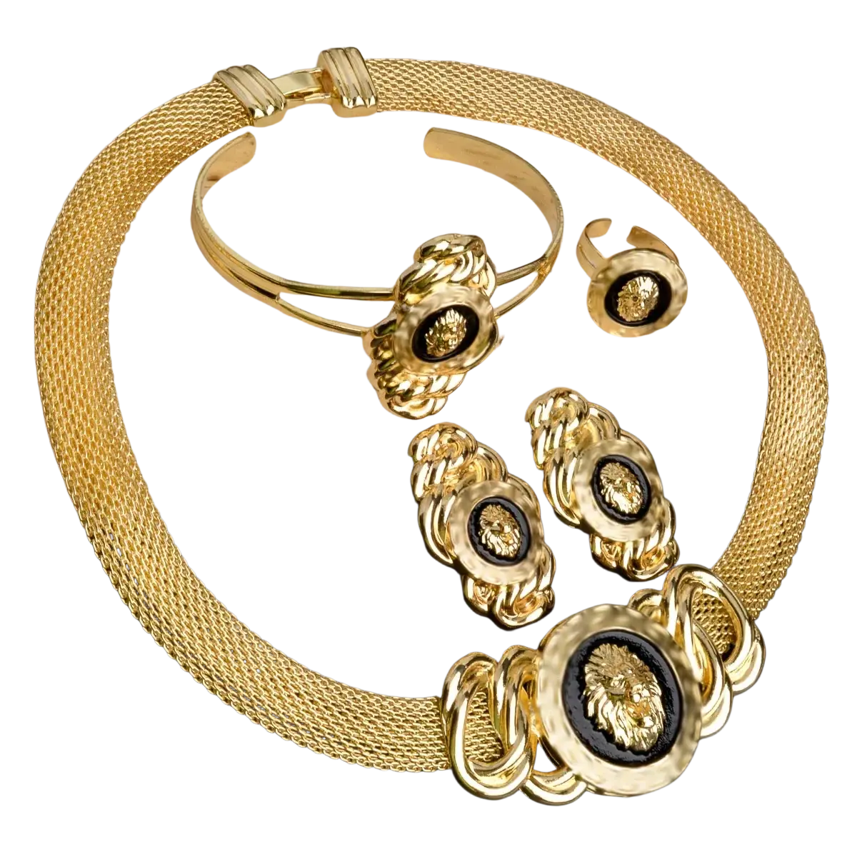 Gold mesh necklace with intricate lion head medallions and black enamel accents from dubai 18k gold lion jewelry set