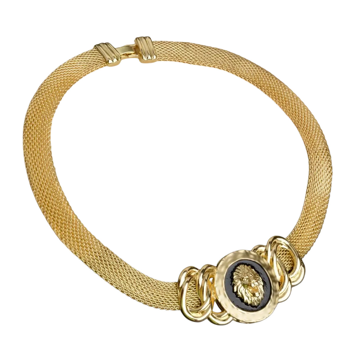 Dubai 18k gold lion jewelry set featuring a gold mesh necklace with central lion emblem on black background