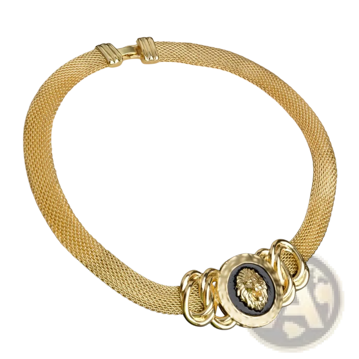 Dubai 18k gold lion jewelry set featuring a gold mesh necklace with central lion emblem on black background