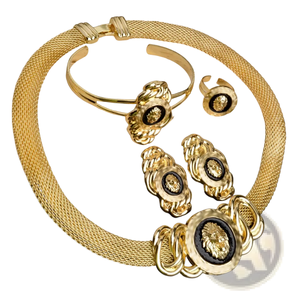 Gold mesh necklace with intricate lion head medallions and black enamel accents from dubai 18k gold lion jewelry set
