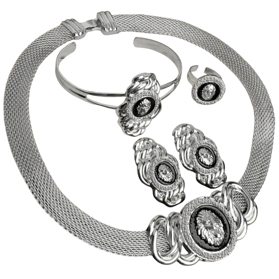 Dubai 18k gold lion jewelry set featuring silver mesh necklace with intricate lion head medallions and matching pieces