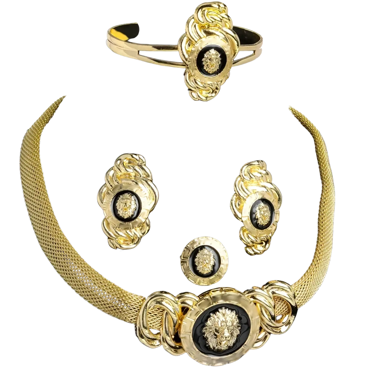 Dubai 18k gold lion jewelry set with gold-toned lion faces black enamel centers and twisted metal detailing