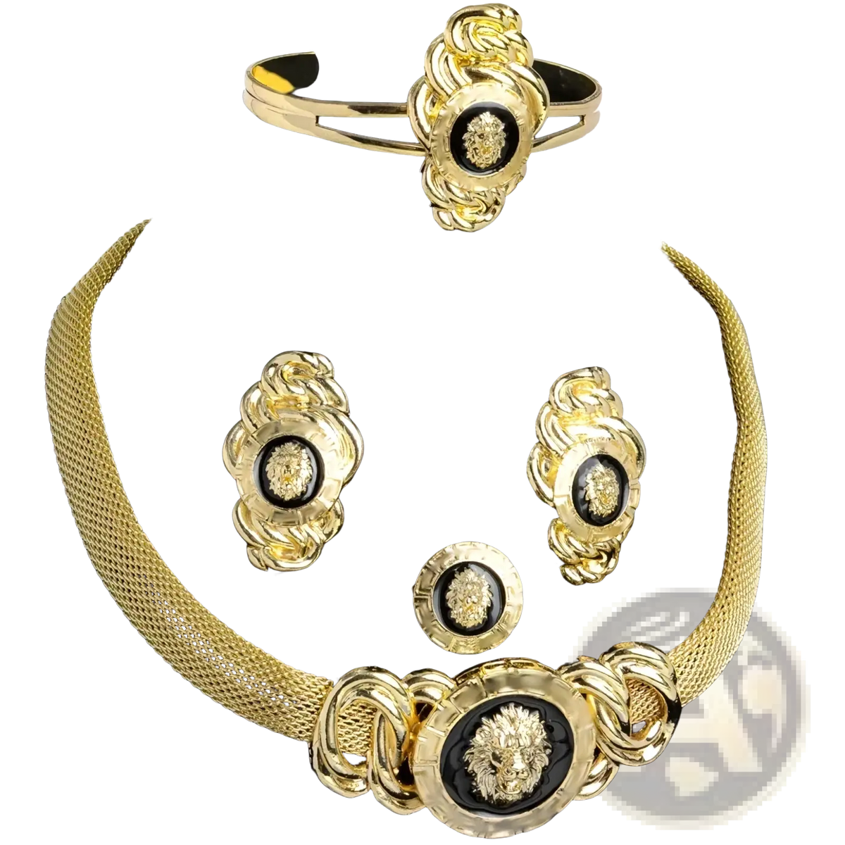 Dubai 18k gold lion jewelry set with gold-toned lion faces black enamel centers and twisted metal detailing