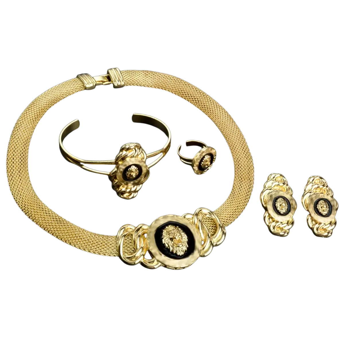 Dubai 18k gold lion jewelry set with gold-toned mesh necklace lion-head medallions matching bracelet earrings and ring