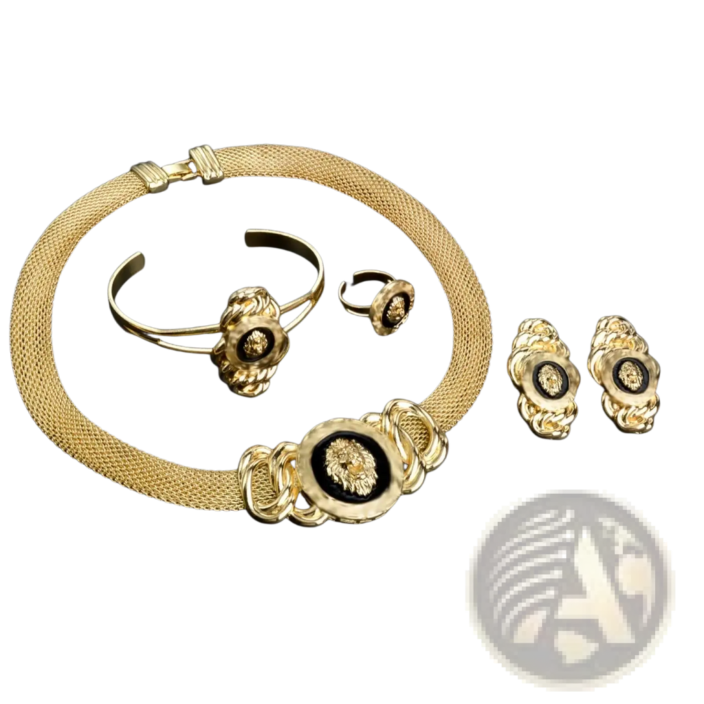 Dubai 18k gold lion jewelry set featuring gold-toned mesh necklace with lion head medallion and matching bracelet earrings ring
