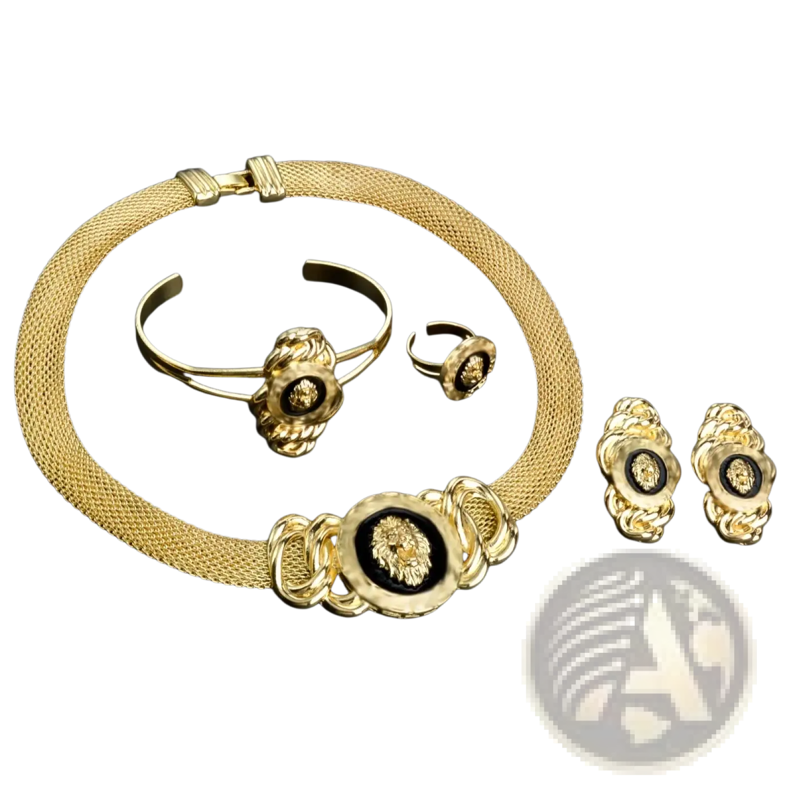 Dubai 18k gold lion jewelry set with gold-toned mesh necklace lion-head medallions matching bracelet earrings and ring