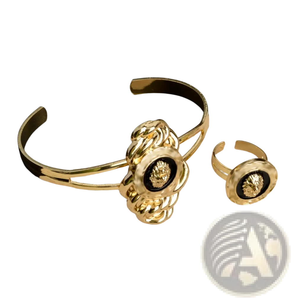 Dubai 18k gold lion jewelry set with gold-toned metal bracelet and ring featuring intricate lion head designs and black inlays