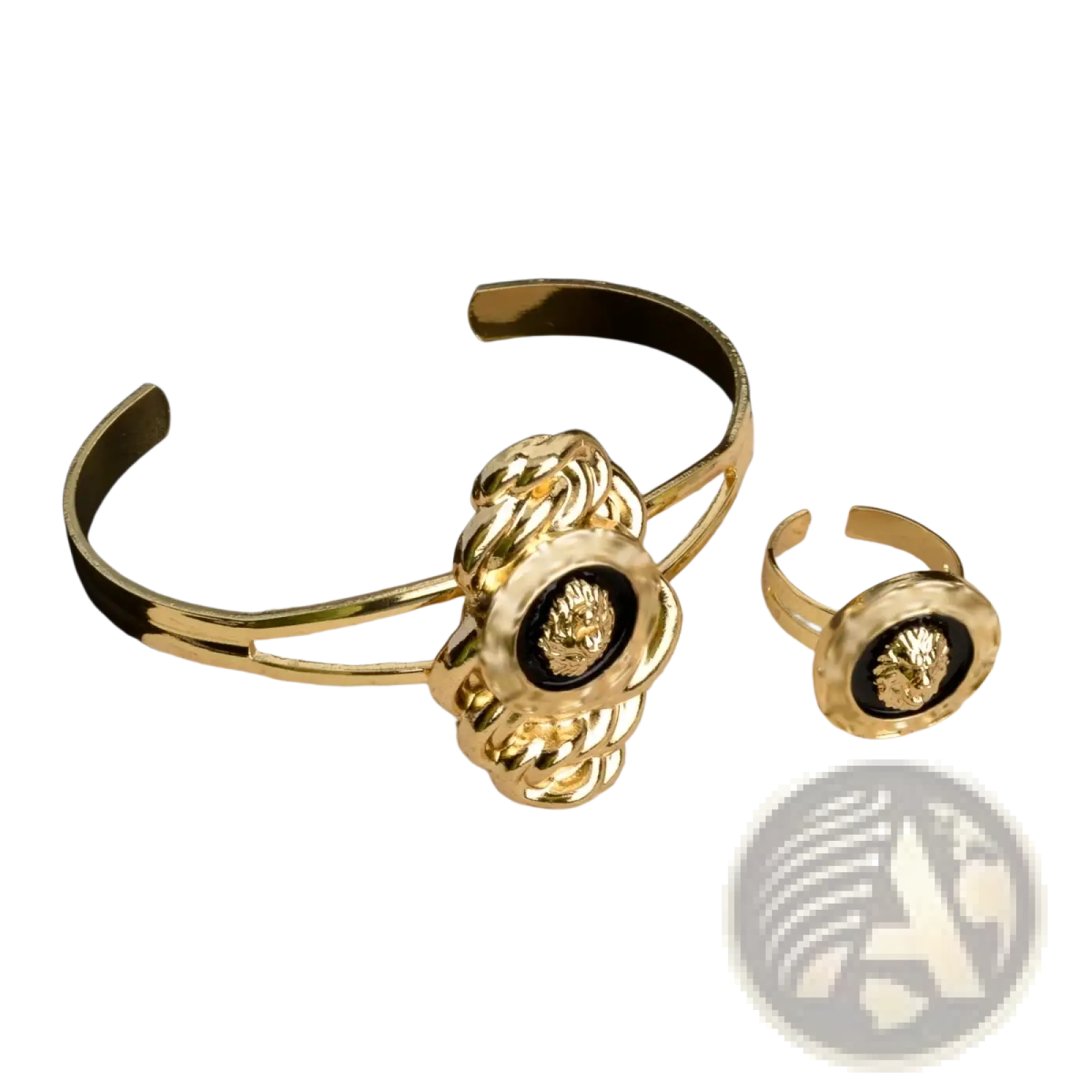 Dubai 18k gold lion jewelry set with gold-toned metal bracelet and ring featuring intricate lion head designs and black inlays