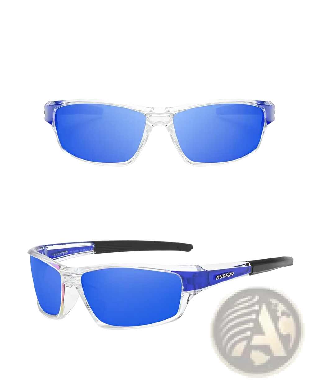 Dubery Retro polarized sport sunglasses with clear frames vibrant blue mirrored lenses and purple temple accents