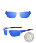Dubery Retro polarized sport sunglasses with clear frames vibrant blue mirrored lenses and purple temple accents
