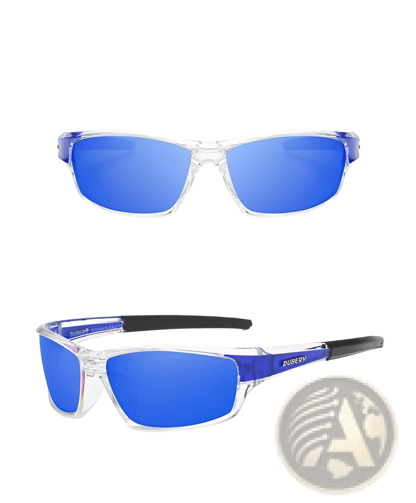 Dubery Retro polarized sport sunglasses with clear frames vibrant blue mirrored lenses and purple temple accents