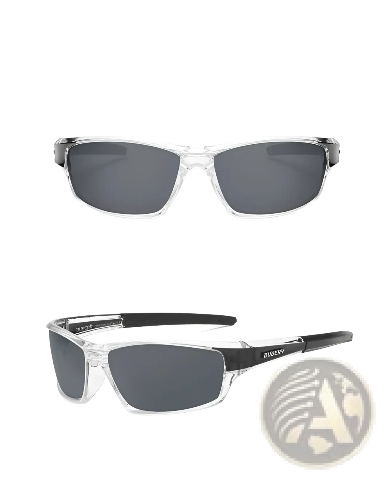 Dubery retro polarized sport sunglasses with clear frames dark gray lenses and black temple tips featuring dubery brand name