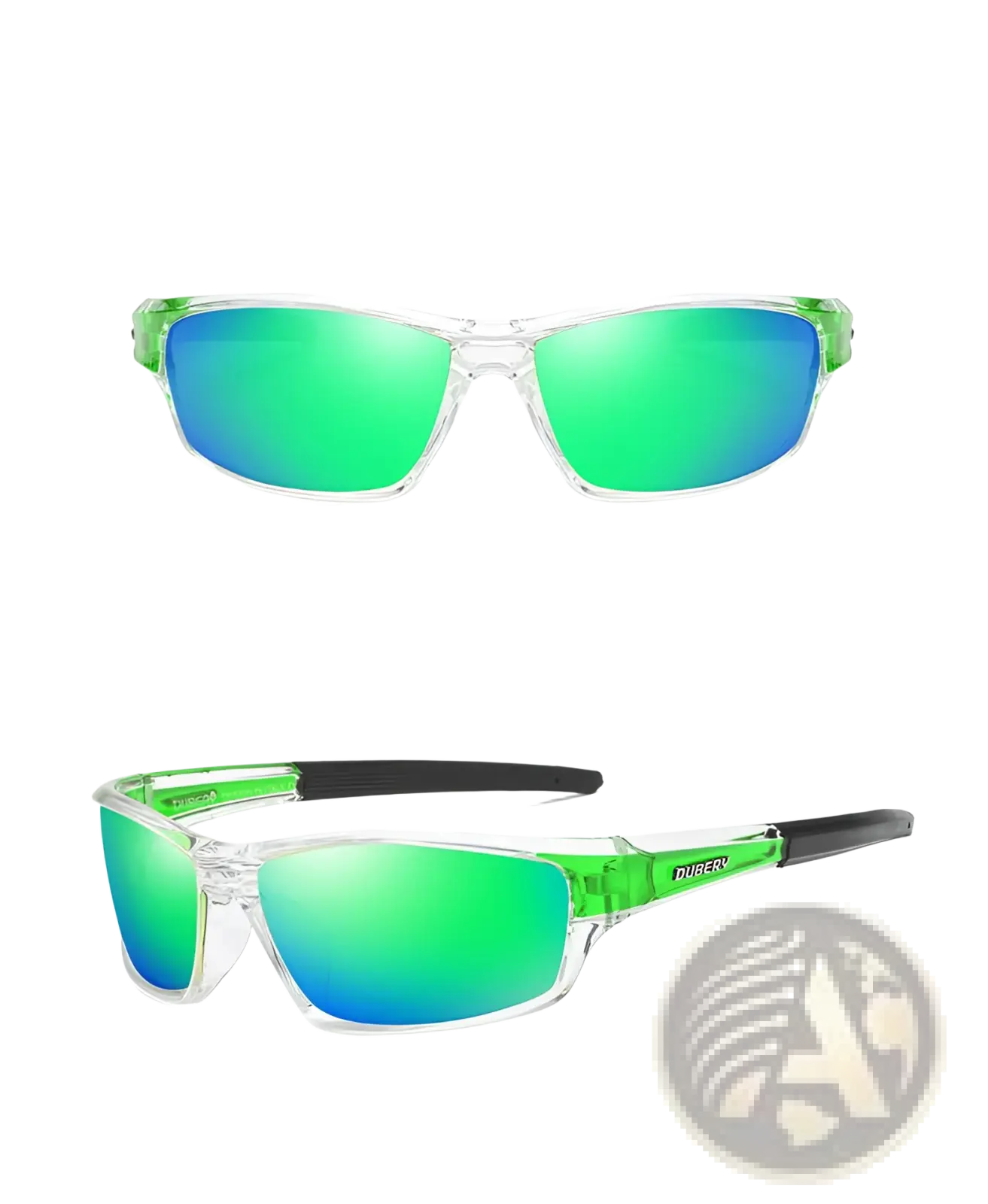 Dubery retro polarized sport sunglasses with clear frames and green blue mirrored lenses with neon green temple tips