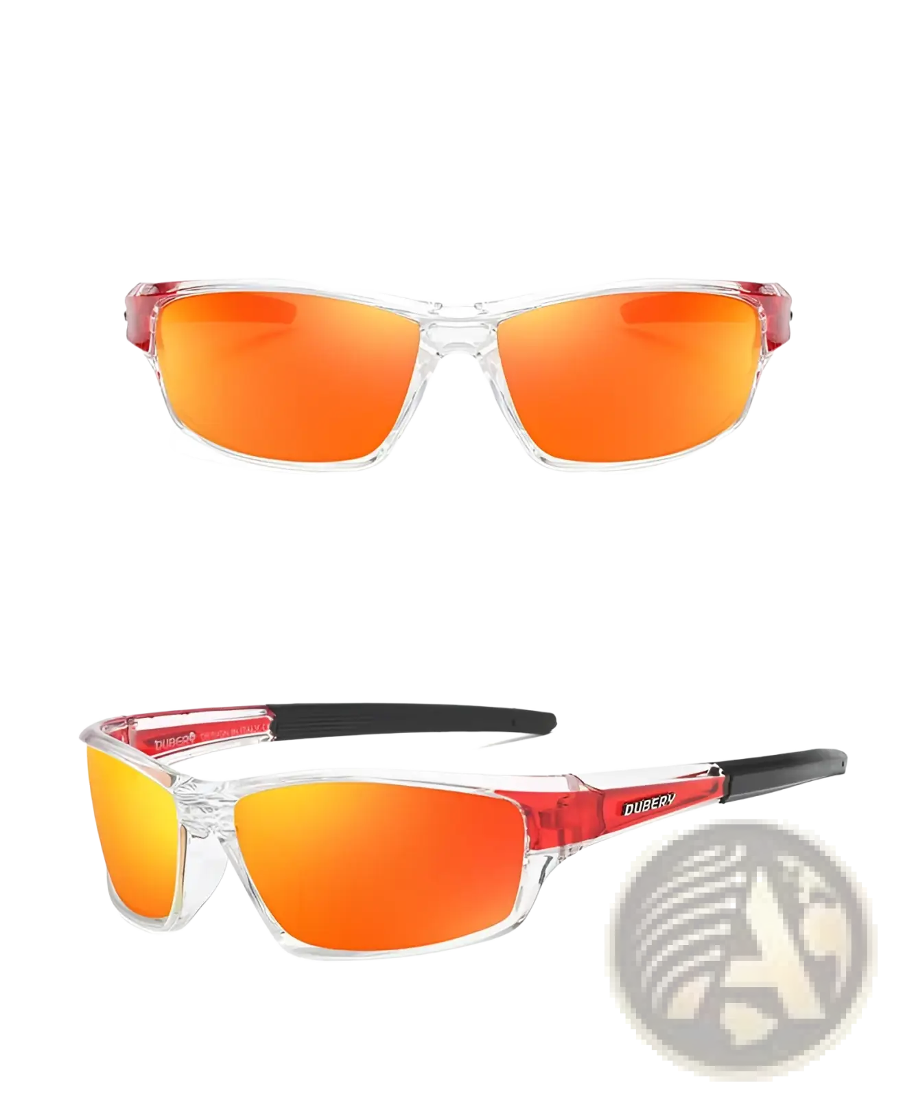 Dubery retro polarized sport sunglasses with clear frames orange mirrored lenses and red accented temples