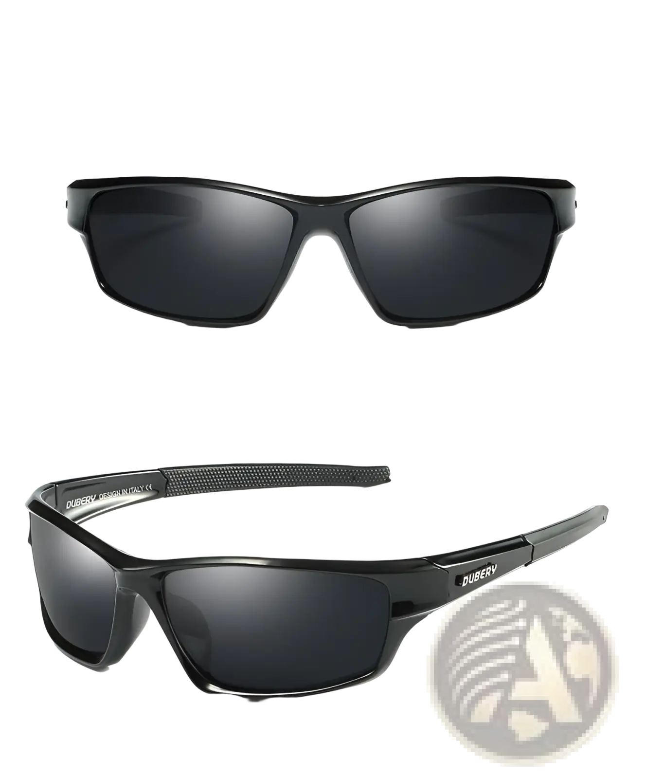 Black dubery sport sunglasses with dark mirrored lenses and textured temple tips for outdoor use