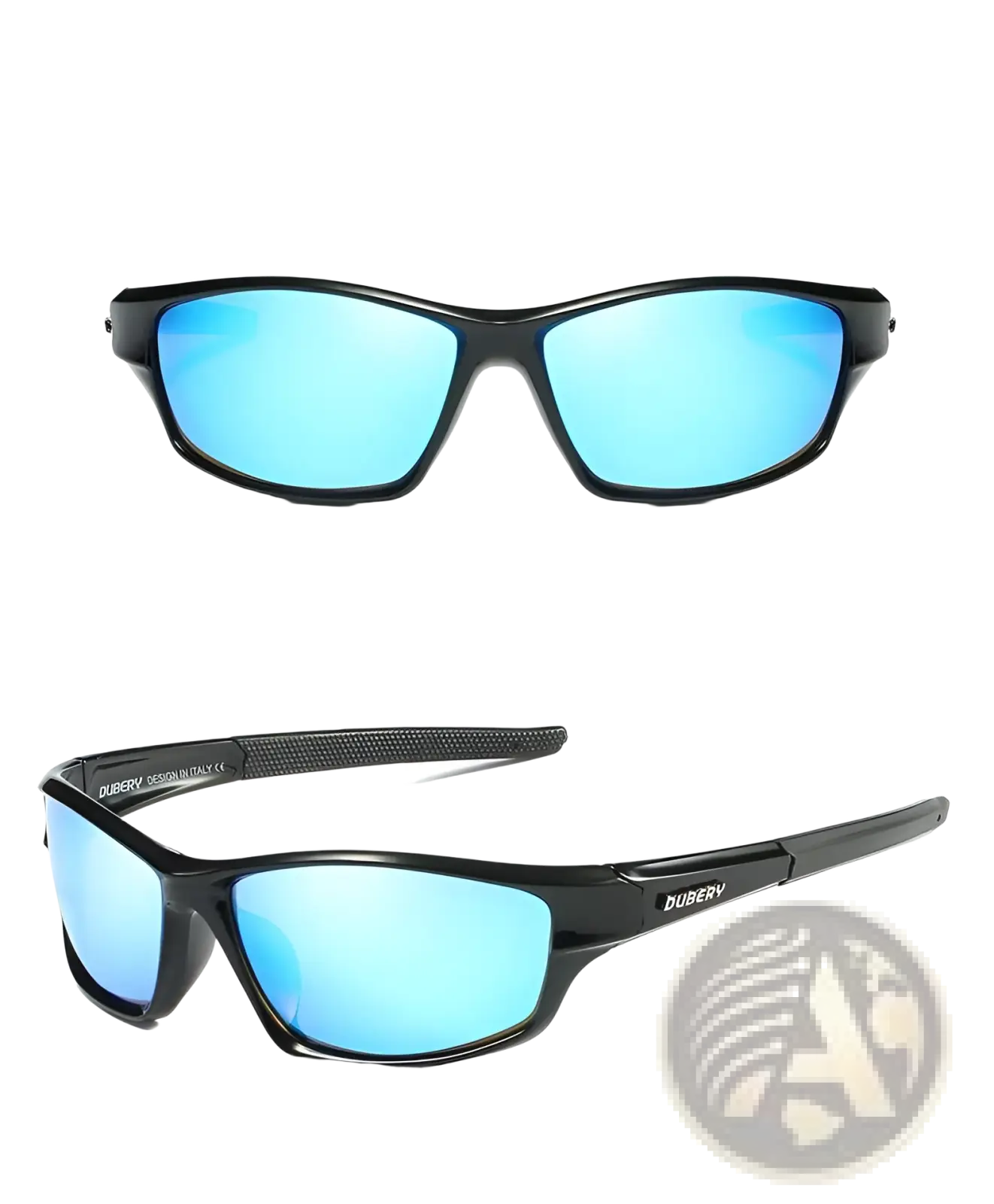 Dubery retro polarized sport sunglasses with black frames, vibrant blue mirrored lenses, and textured temple design