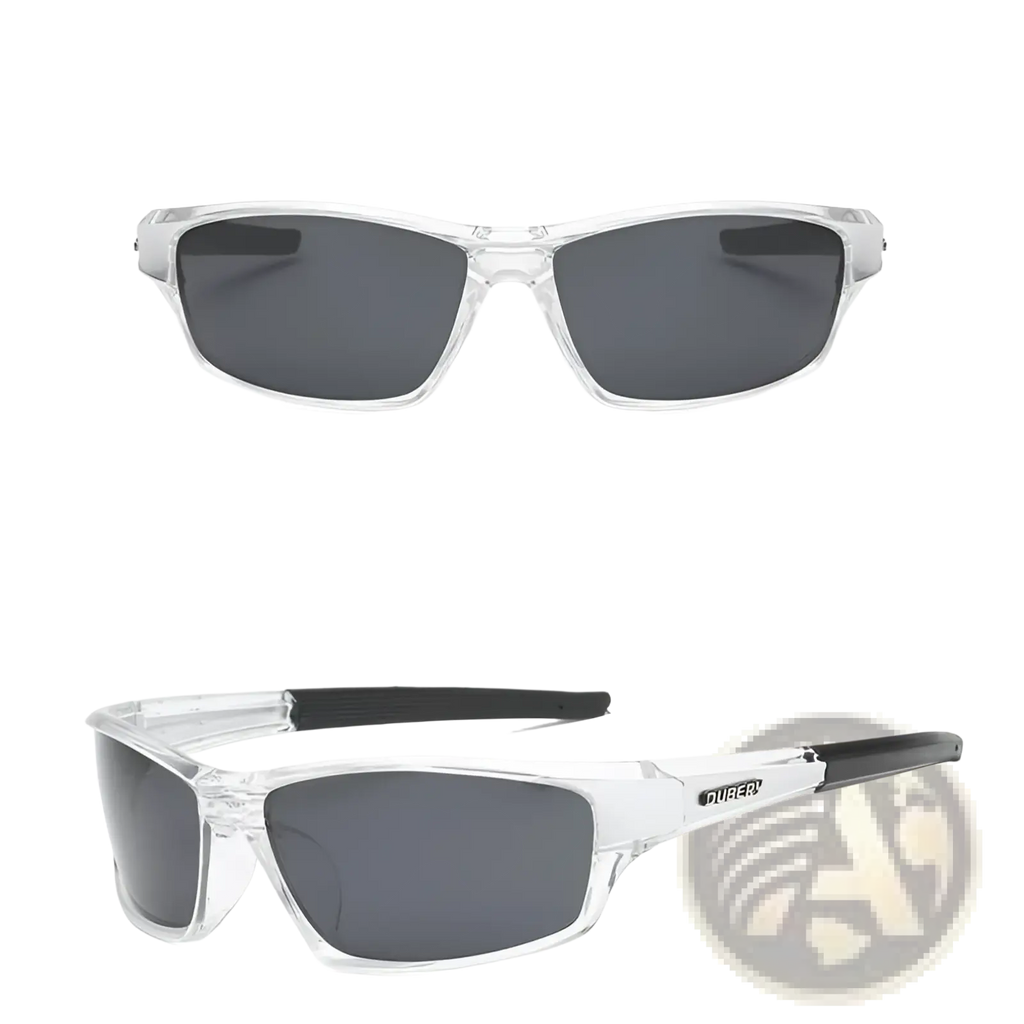 Dubery retro polarized sport sunglasses with clear frames dark gray lenses and black temple tips in a sleek design
