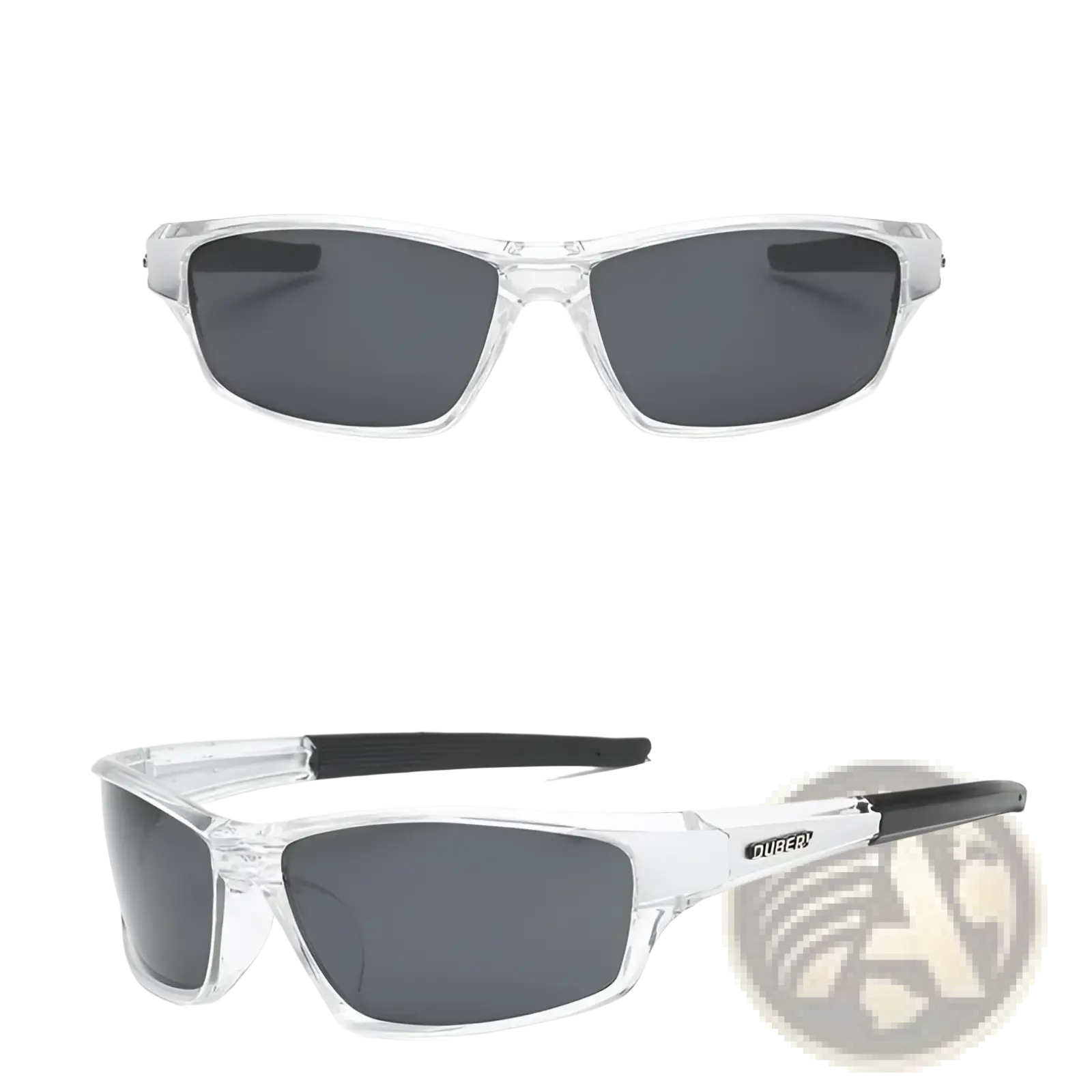 Dubery retro polarized sport sunglasses with clear frames dark gray lenses and black temple tips in a sleek design