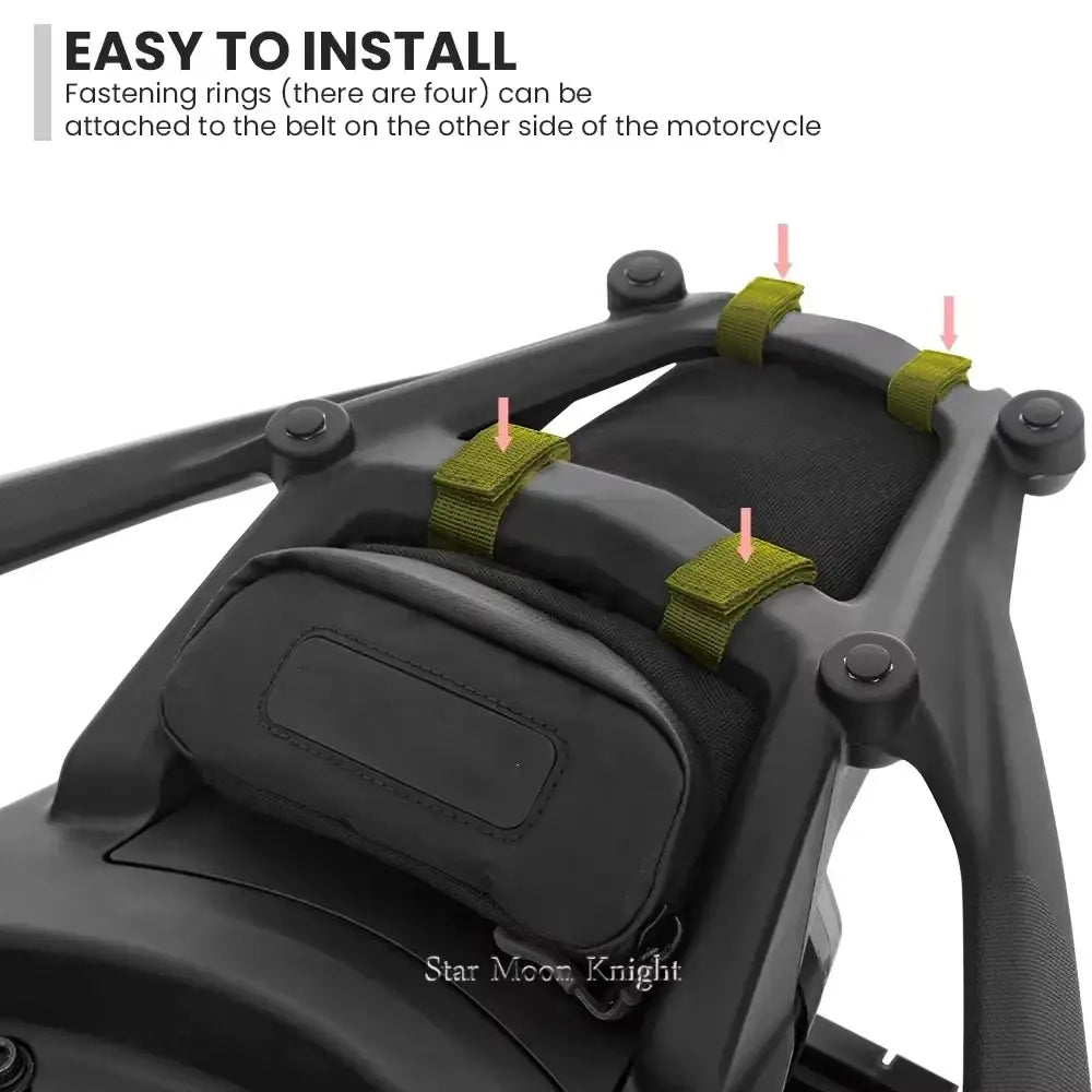 Back side view of black tactical motorcycle rear rack with olive green webbing straps and padded storage for ducati multistrada v4