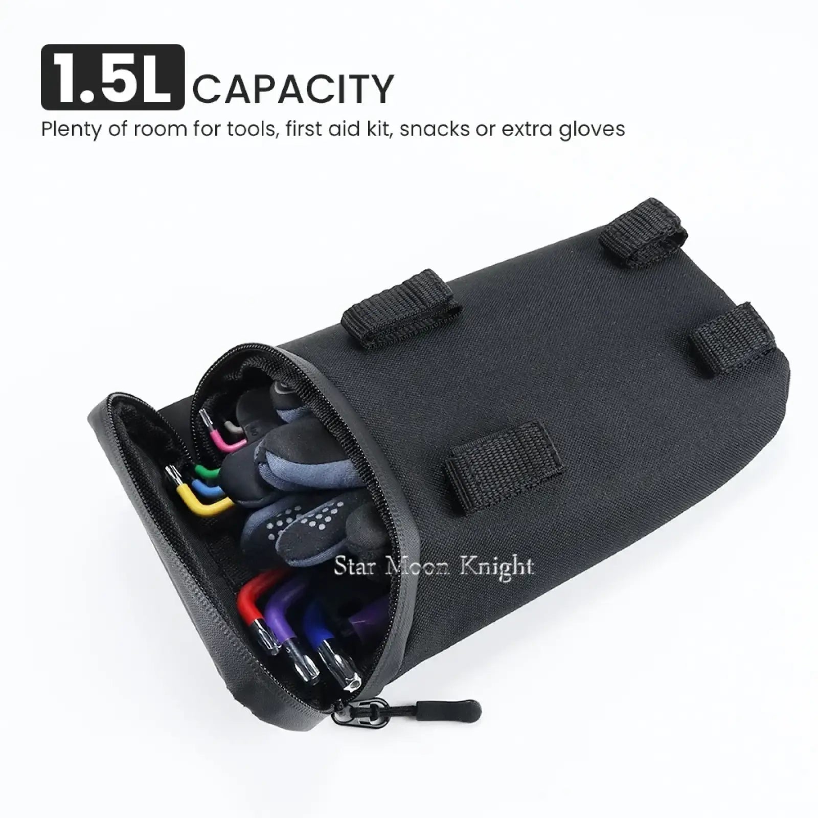 Black 1.5l ducati multistrada v4 under rack tactical tool pouch with reinforced straps and zipper closure for climbing gear