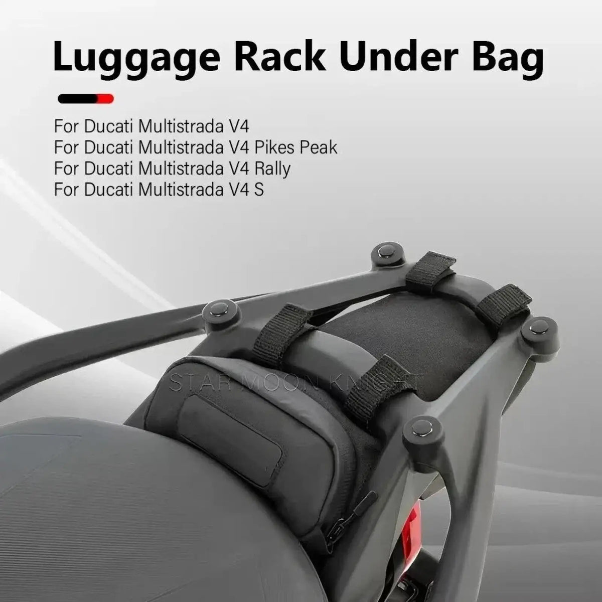 Black plastic luggage rack with adjustable straps for ducati multistrada v4 under rack tool bag shown from back side