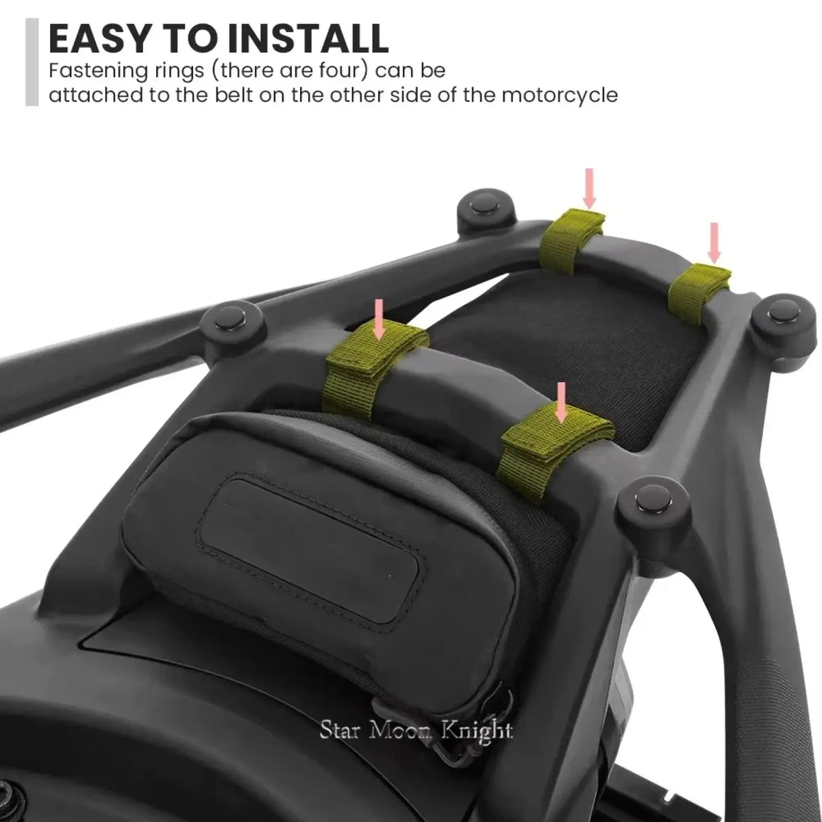 Back side view of black tactical motorcycle rear rack with olive green webbing straps and padded storage for ducati multistrada v4