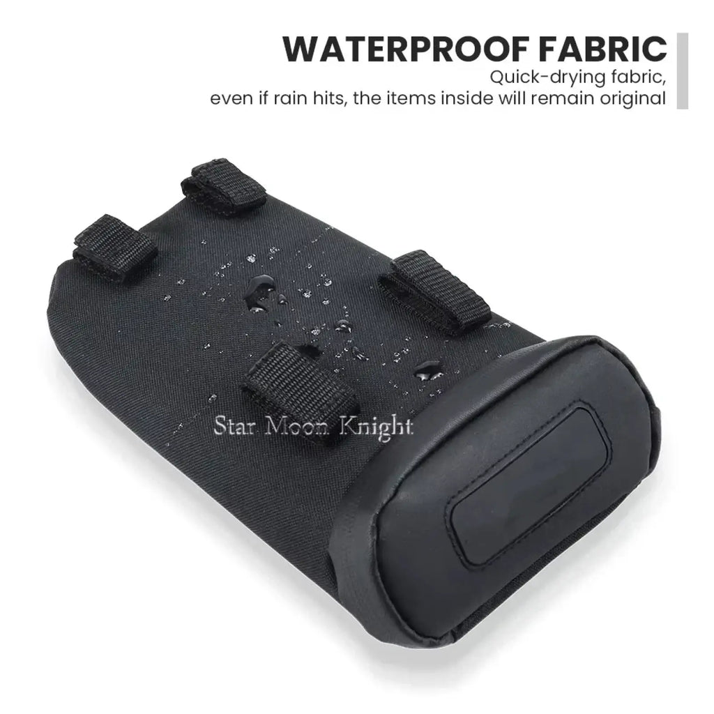 Black waterproof fabric ducati multistrada v4 under rack tool bag with reinforced straps and padded rubberized end cap