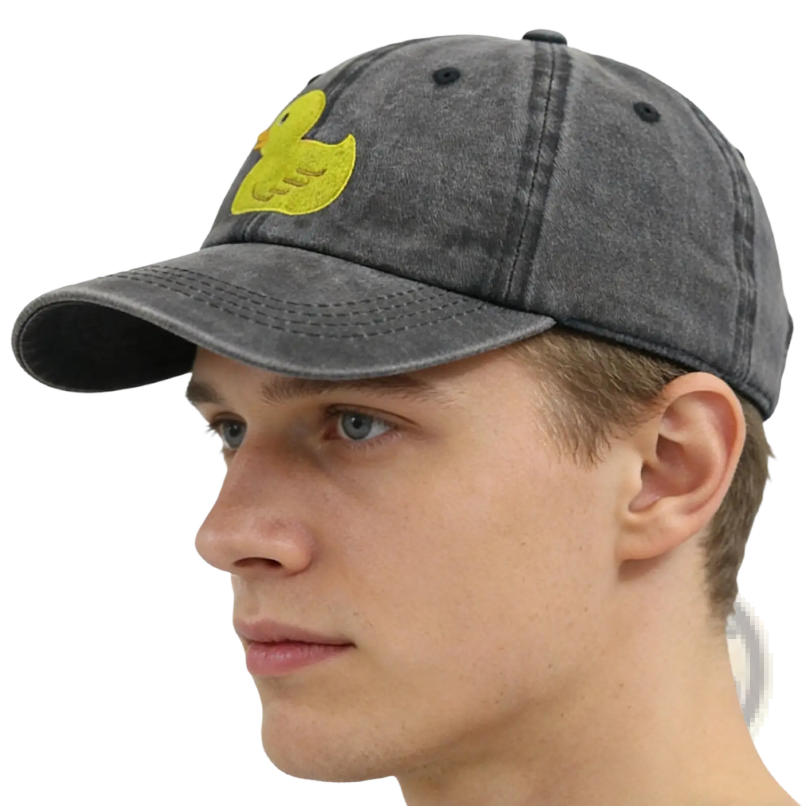 A faded gray distressed denim baseball cap with a bright yellow embroidered duck on the front