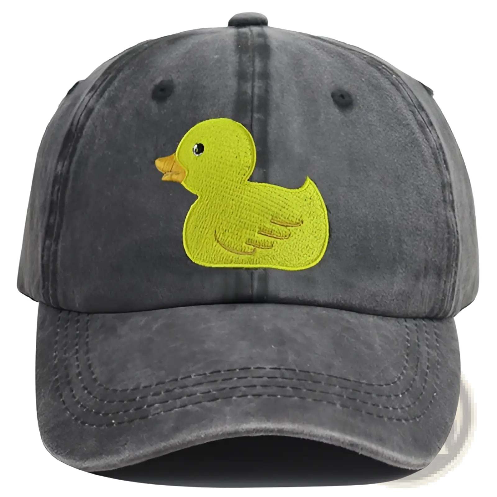 A dark gray distressed denim baseball cap featuring a bright yellow embroidered duck with orange beak and black eye