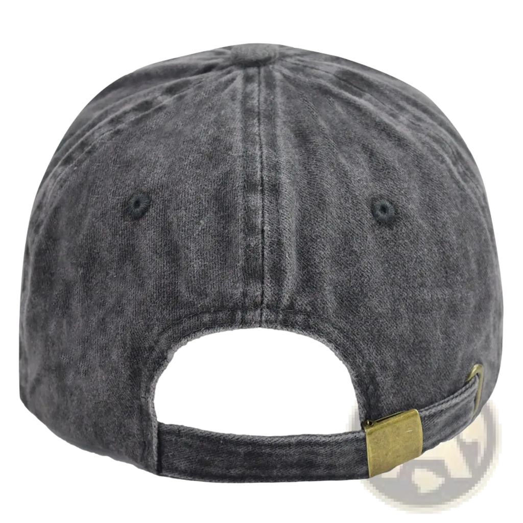 A faded dark gray distressed denim baseball cap with duck embroidery and a gold-tone metal adjustment strap at back