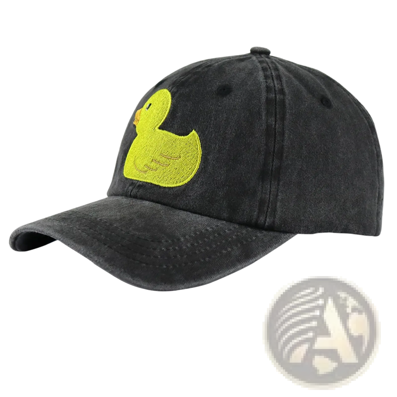 A black distressed denim baseball cap with a bright yellow embroidered rubber duck on the front