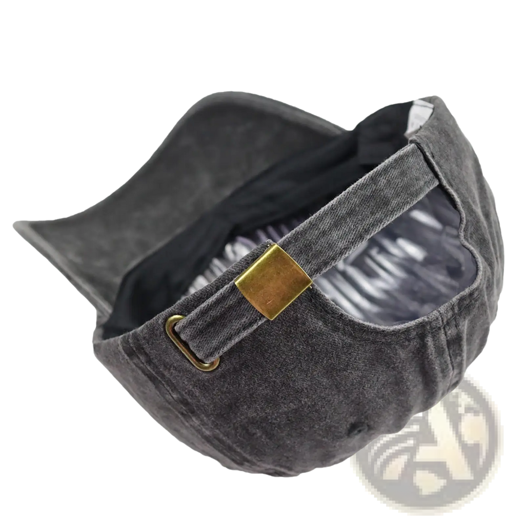 Dark gray distressed denim baseball cap with duck embroidery and adjustable brass-colored metal buckle strap back view