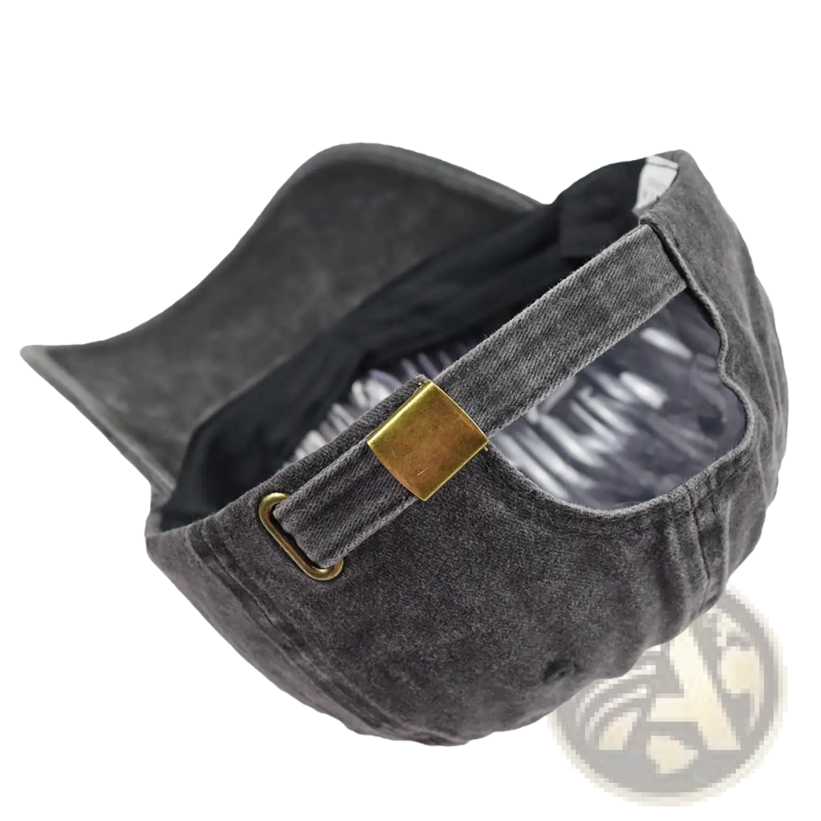 Dark gray distressed denim baseball cap with duck embroidery and adjustable brass-colored metal buckle strap back view