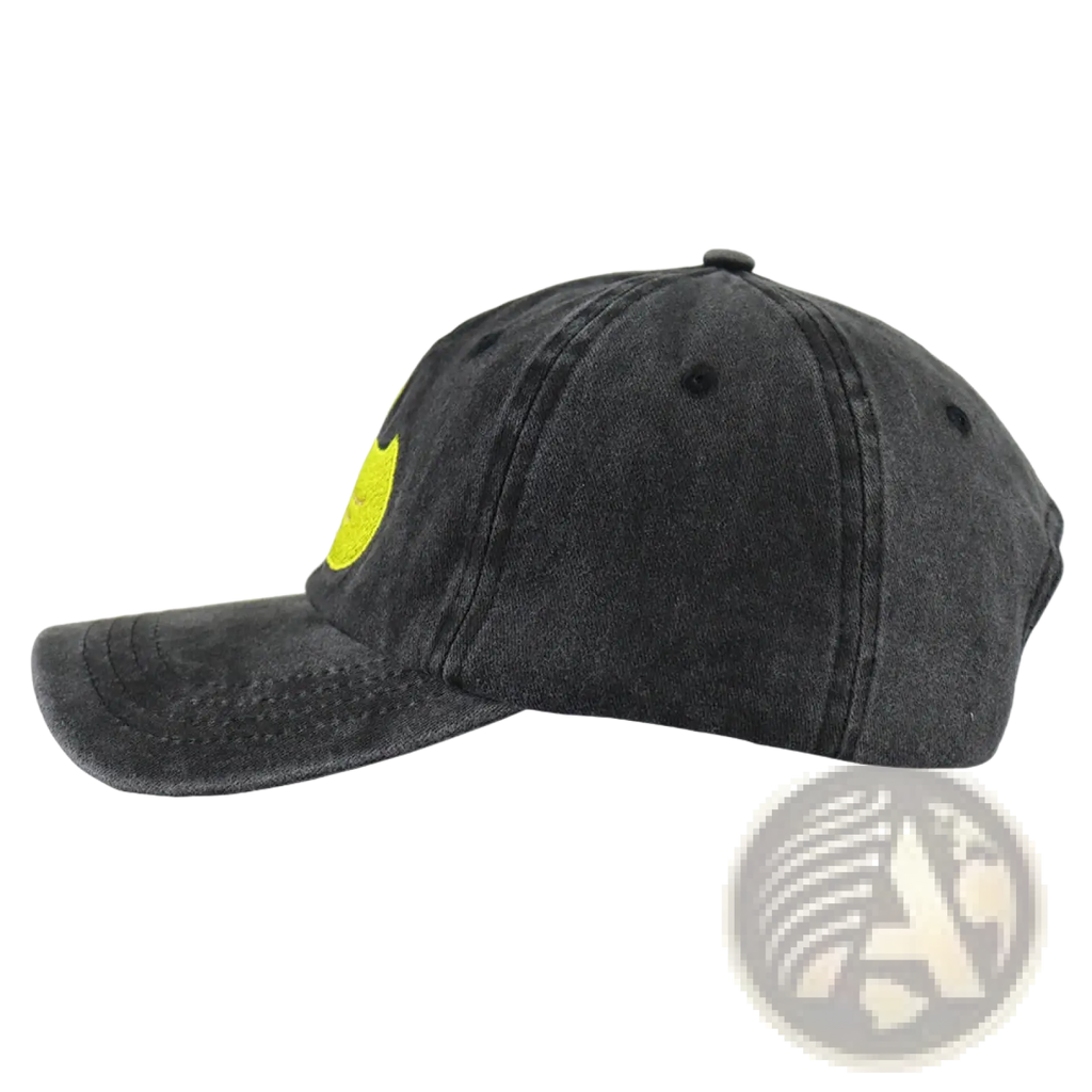 Black denim baseball cap with a bright yellow smiley face patch on the side featuring duck embroidery and distressed detail