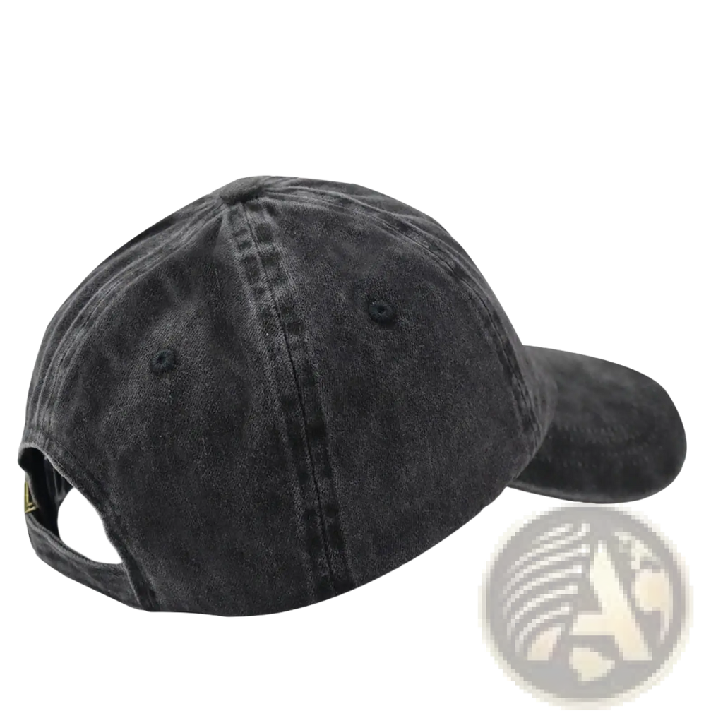 A dark gray distressed denim baseball cap with duck embroidery and a curved brim with visible stitching