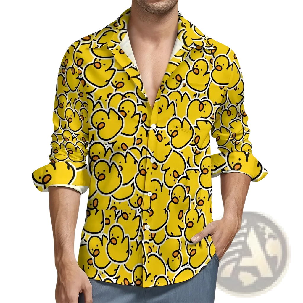Bright yellow casual long sleeve shirt featuring a playful black and orange cartoon duck print pattern