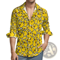 Bright yellow casual long sleeve shirt featuring a playful black and orange cartoon duck print pattern
