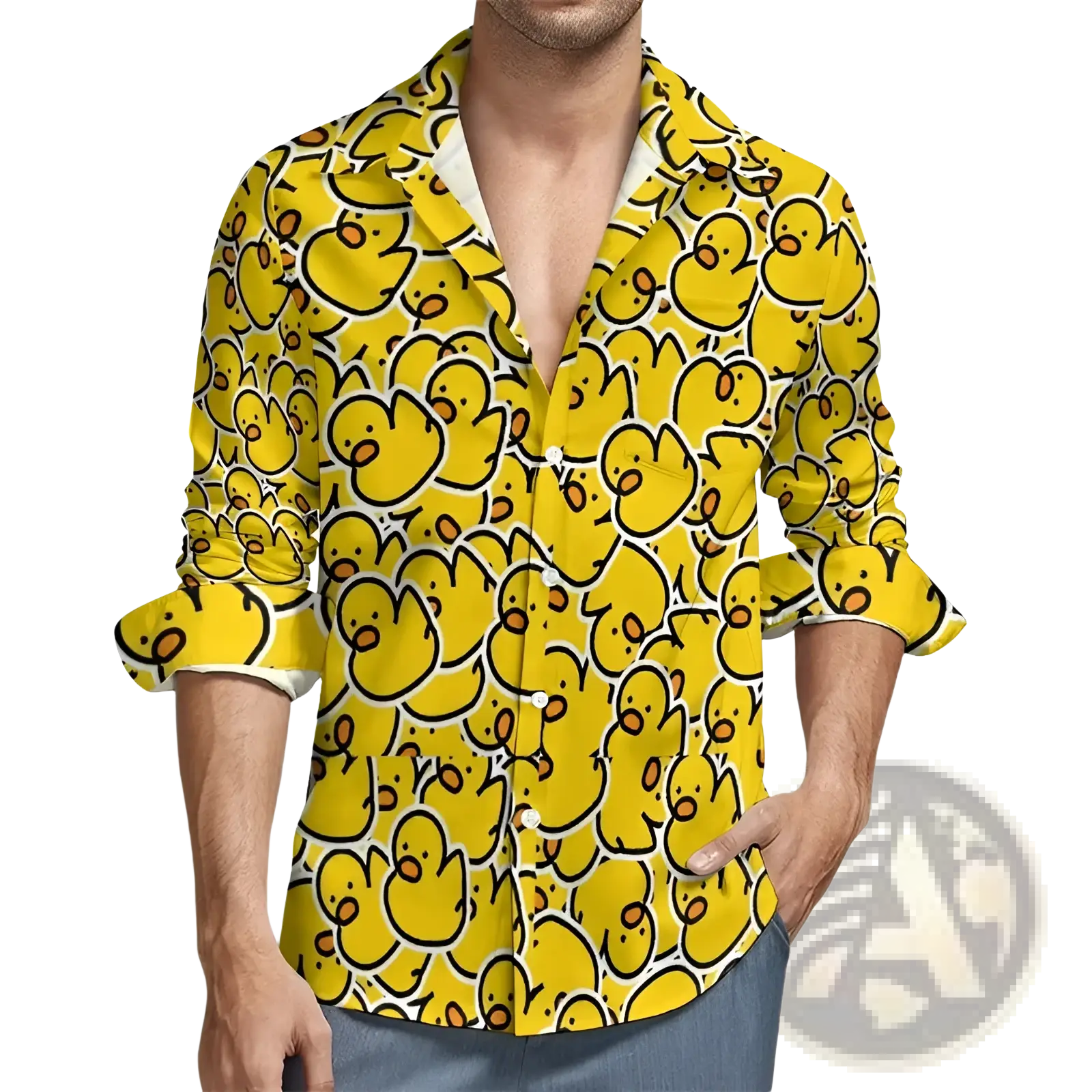 Bright yellow casual long sleeve shirt featuring a playful black and orange cartoon duck print pattern