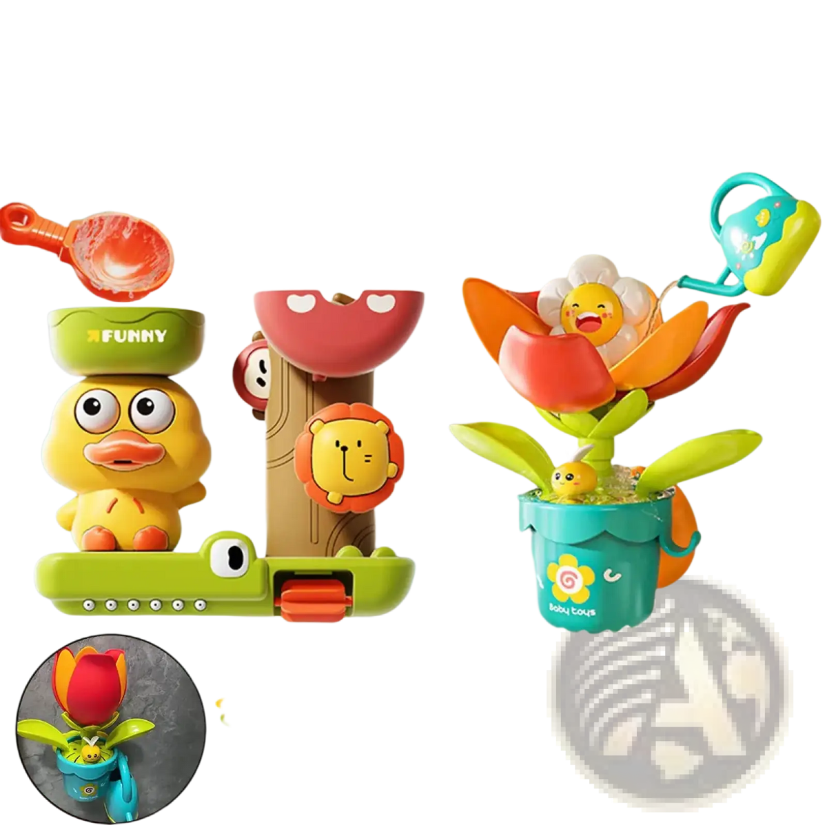 Brightly colored duck waterwheel bath toy set with suction cup featuring green crocodile base and flower watering can