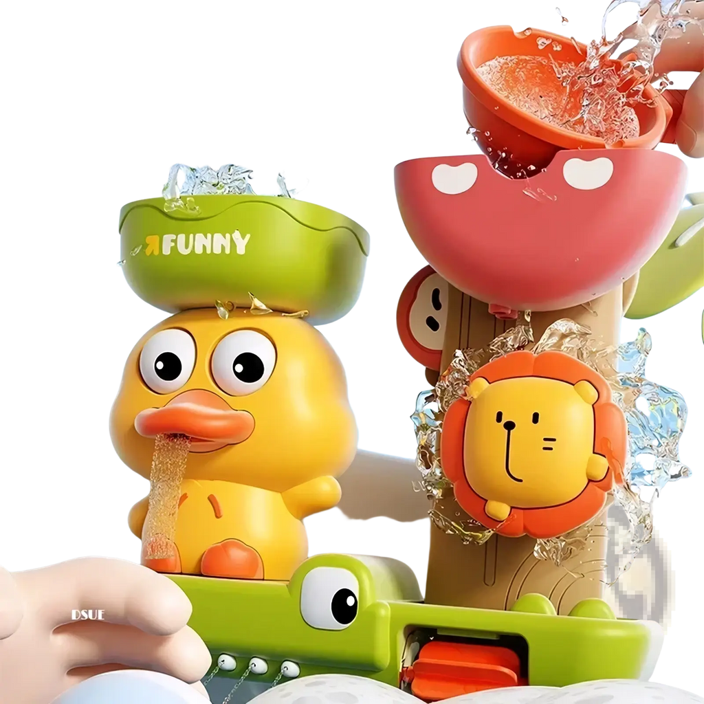 Brightly colored plastic duck waterwheel bath toy set with yellow duck, red mushroom dispenser, and lion face attachment