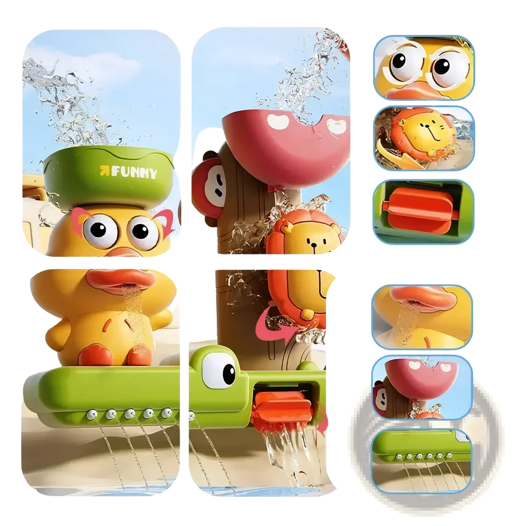 Brightly colored plastic duck waterwheel bath toy with cartoon animals and rotating water spouts for kids tub use
