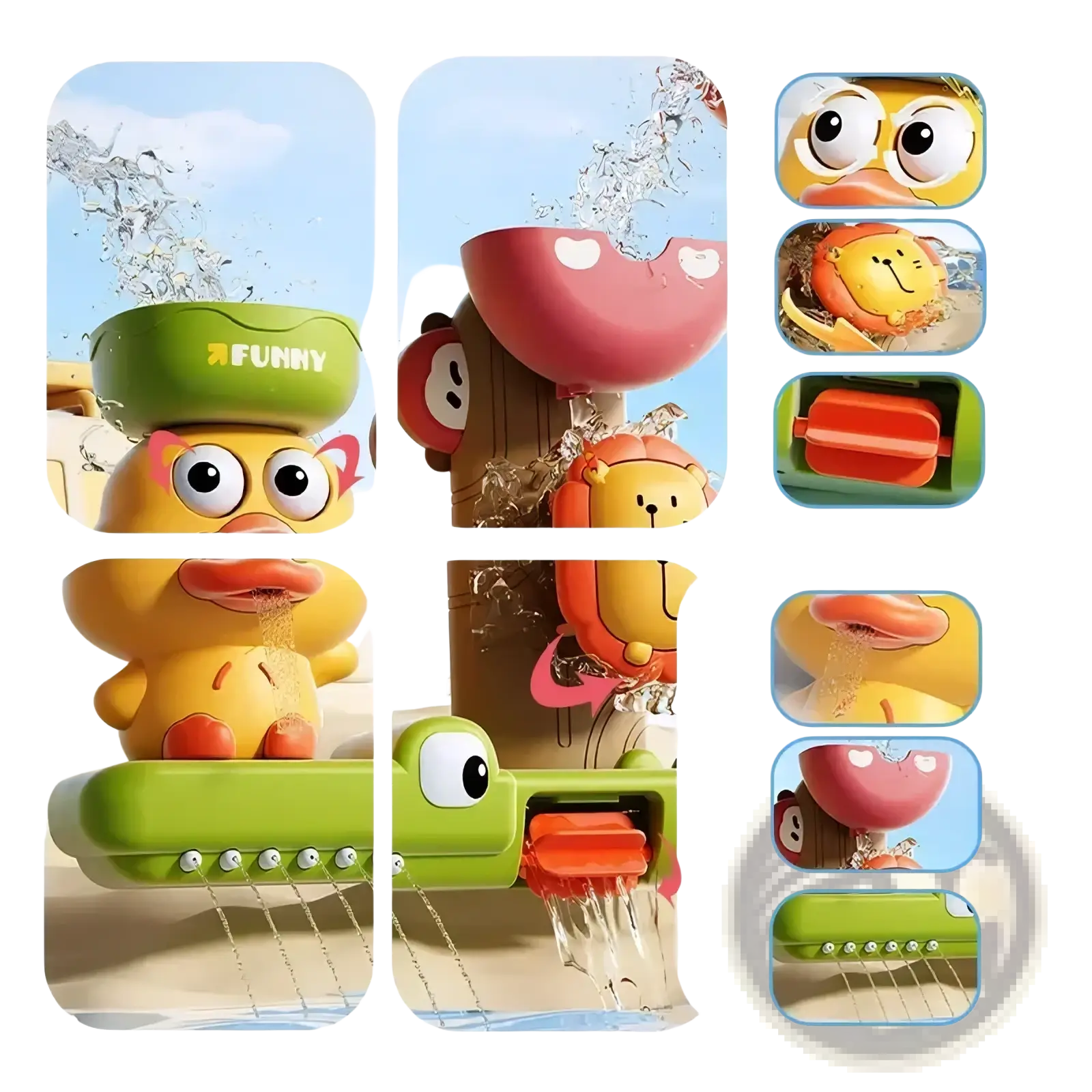 Brightly colored plastic duck waterwheel bath toy with cartoon animals and rotating water spouts for kids tub use