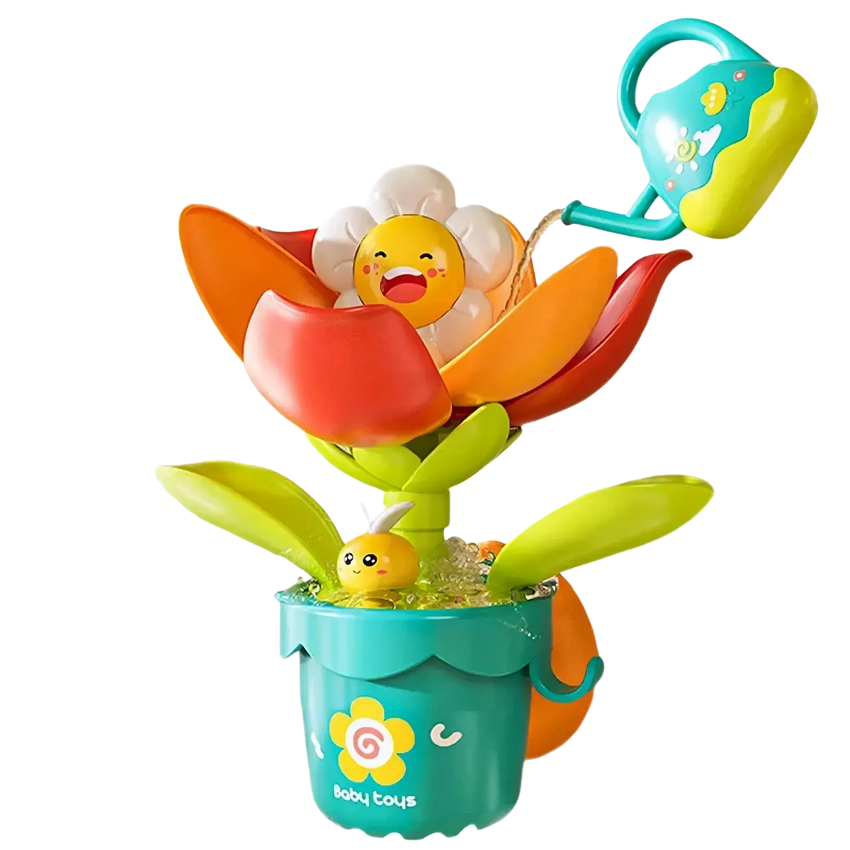 Colorful plastic duck waterwheel bath toy set with a smiling yellow flower, green leaves, and teal watering can