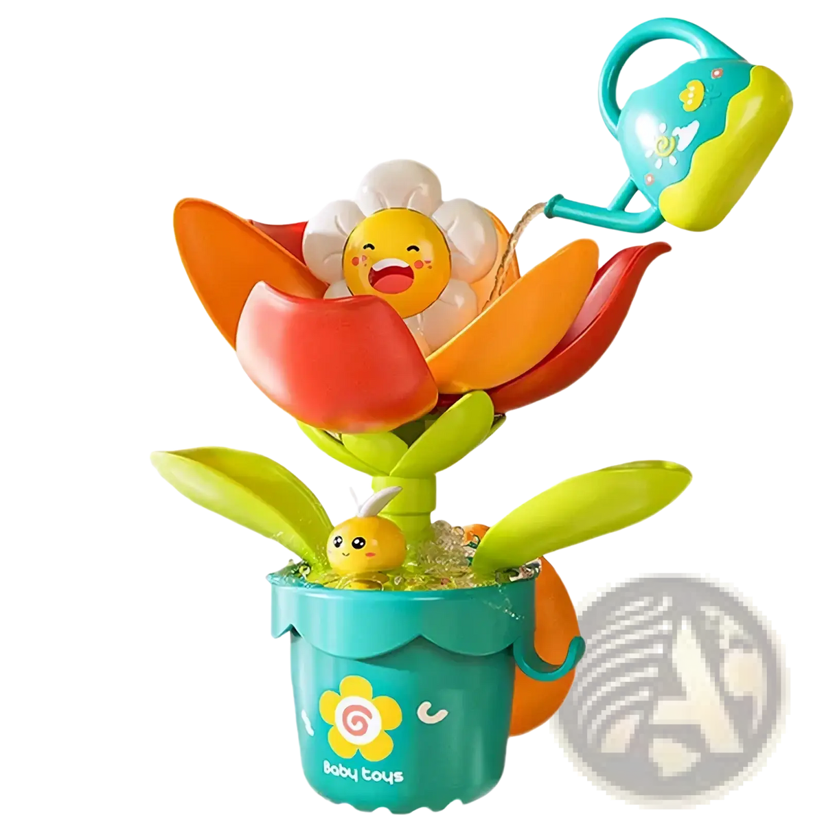 Colorful plastic duck waterwheel bath toy set with a smiling yellow flower, green leaves, and teal watering can