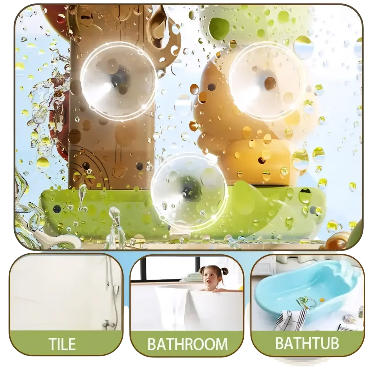 Yellow and green suction cup bath toy with cartoon duck waterwheel design for kids tub play set