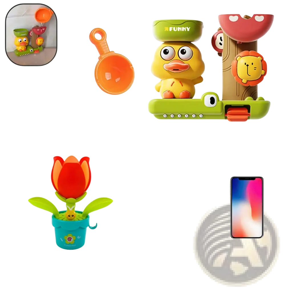 Yellow duck-shaped waterwheel bath toy with green suction cup base and red watering can attachment for kids tub set
