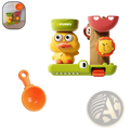Yellow duck-shaped waterwheel bath toy with suction cup and colorful cartoon animal accents for kids tub play