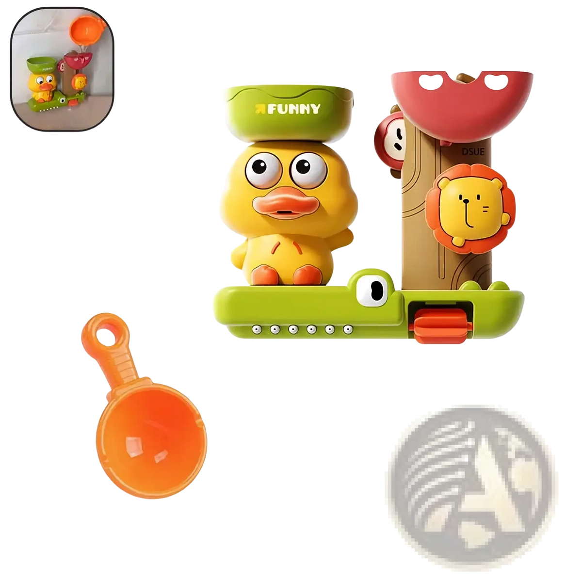 Yellow duck-shaped waterwheel bath toy with suction cup and colorful cartoon animal accents for kids tub play