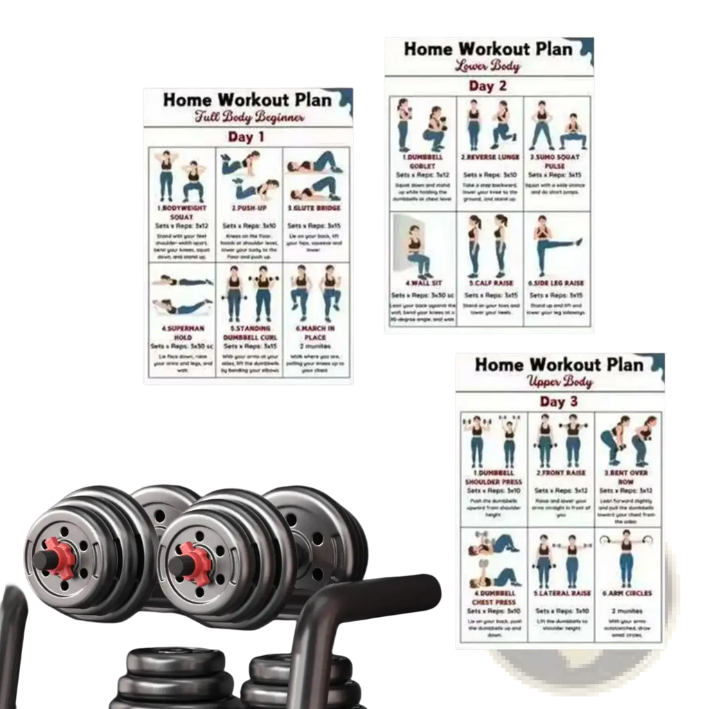 Dumbbell workout poster set 6 pieces featuring black and red dumbbells with metallic finishes for strength training